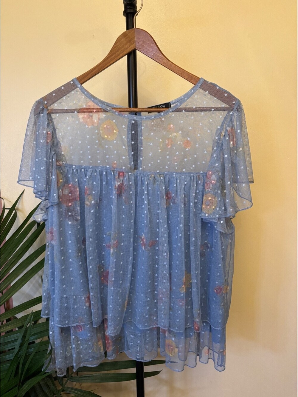 Willow, Feminine, Blue Floral Tulle Romantic Short Sleeve Lace Top Size 1X